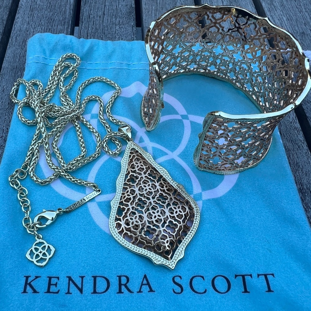 Kendra Scott Aiden Pendant Necklace & Candice Cuff Bracelet in Rose Gold & Gold